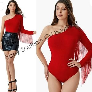 ⭐🆕 Boho Red fringe one shoulder bodysuit